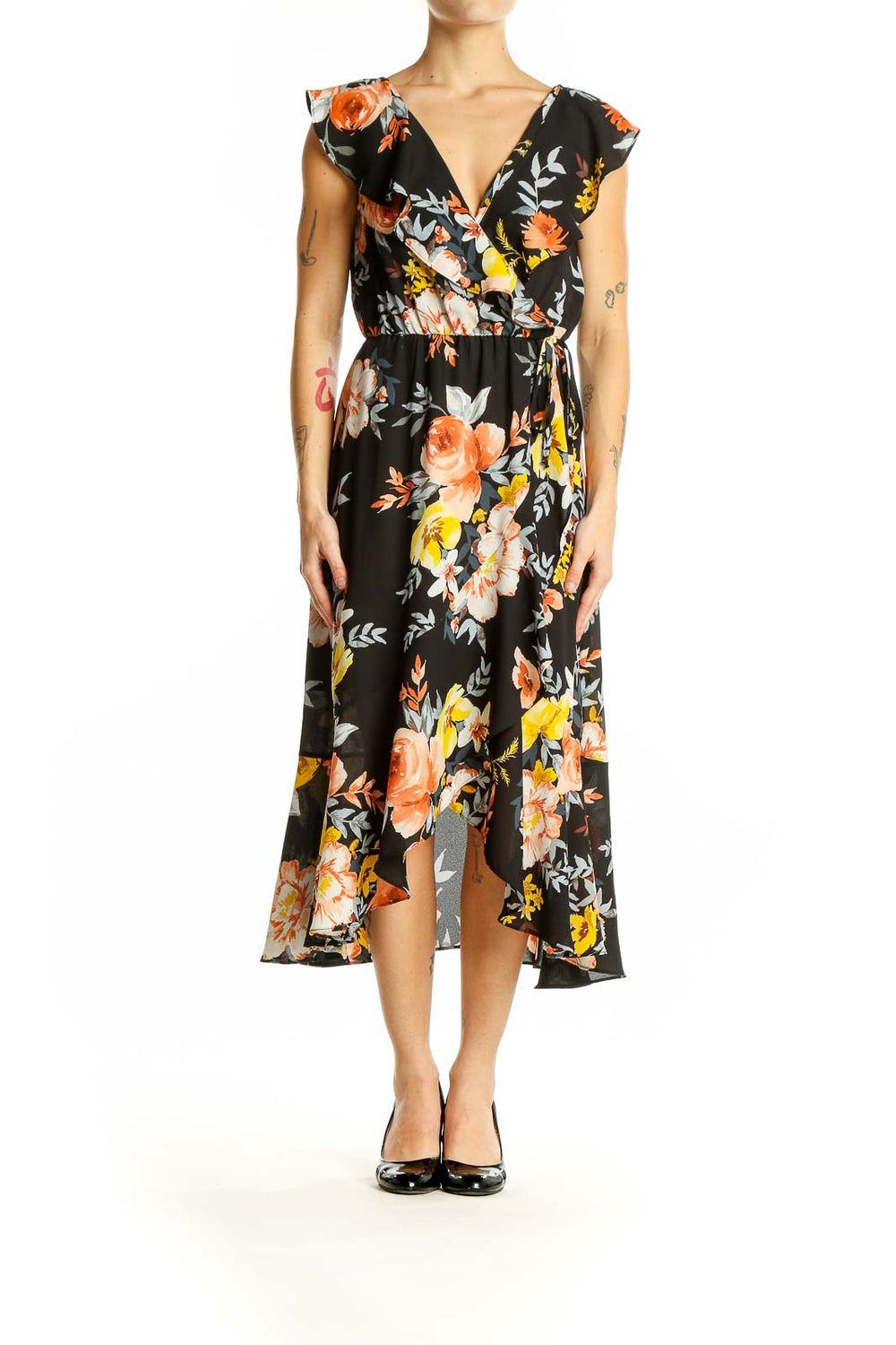 Front view of Socialite black floral wrap midi dress with V-neck and ruffled sleeves