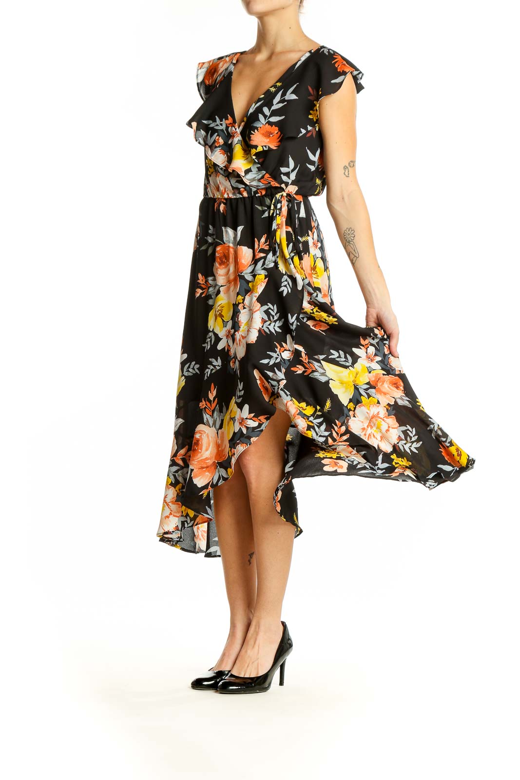 Front view of Socialite black floral wrap midi dress with V-neck and ruffled sleeves