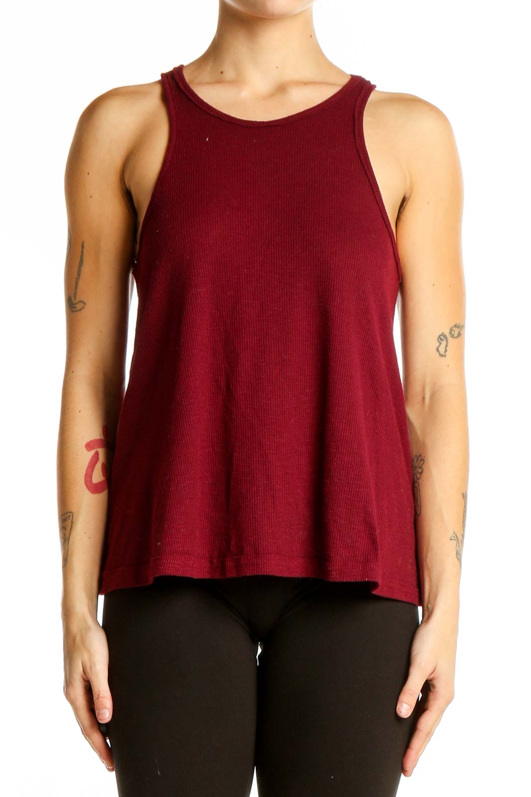 Front view of burgundy ribbed sleeveless tank top by Free People