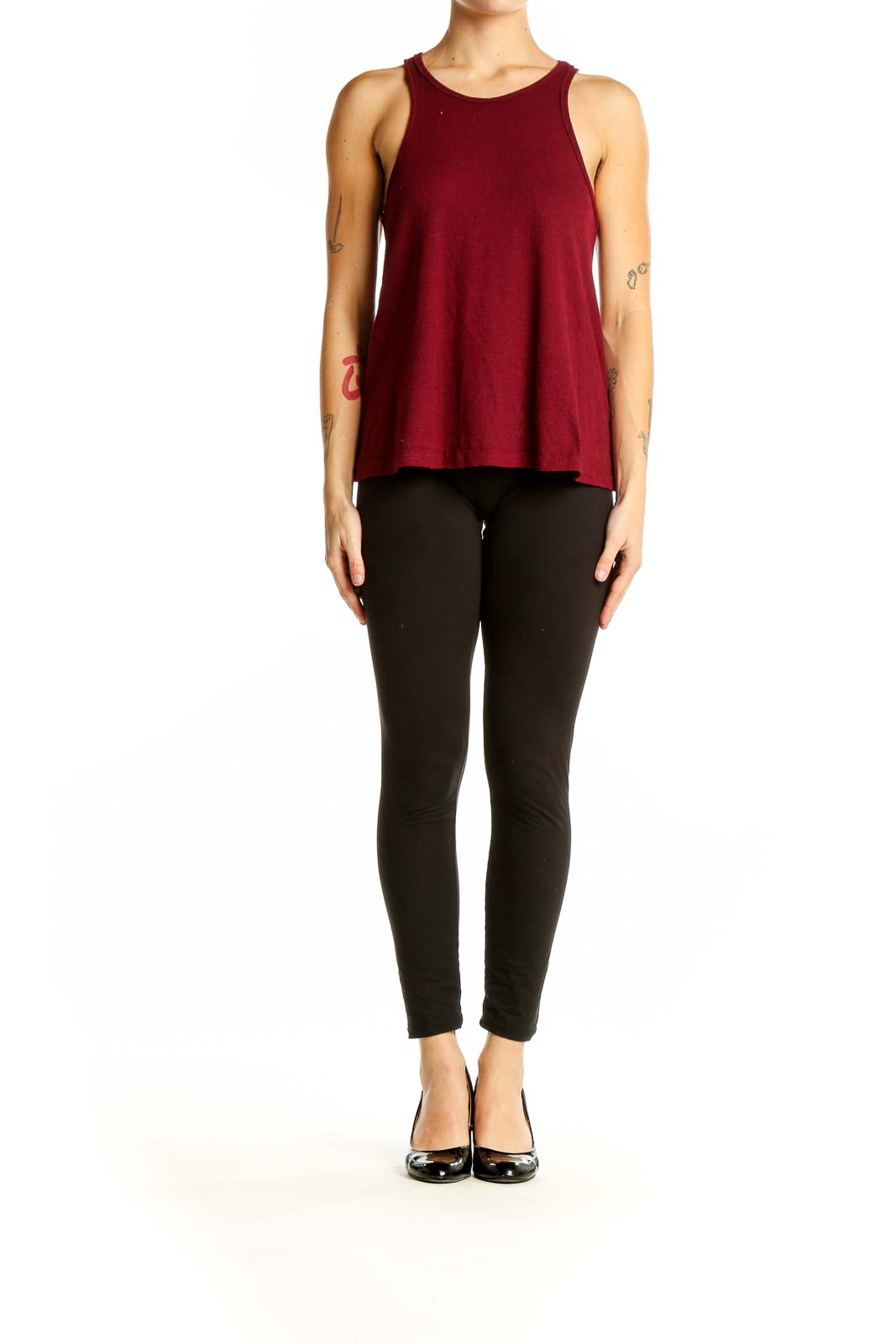 Front view of burgundy ribbed sleeveless tank top by Free People