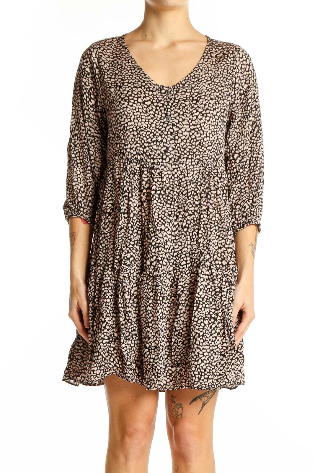 Front view of Millibon brown leopard print tiered mini dress with V-neckline