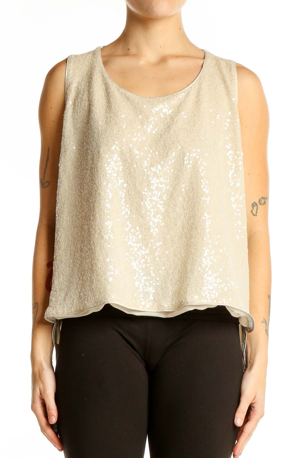 Front view of cream sequined sleeveless blouse by Lafayette 148 New York