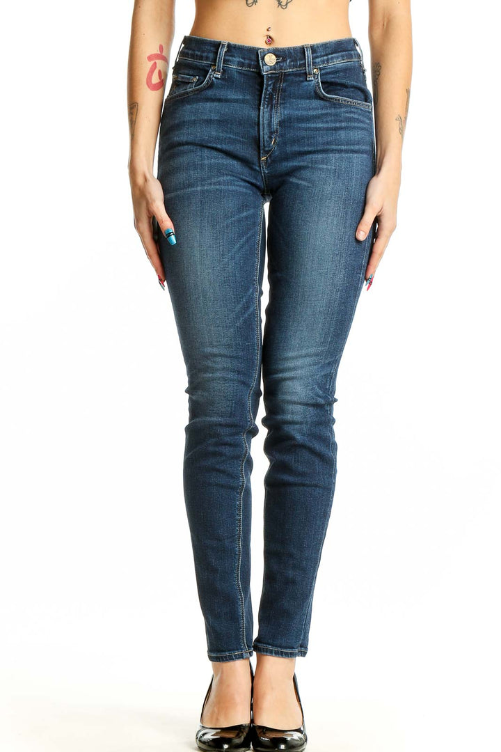 Front view of McGuire Denim blue slim fit jeans on model