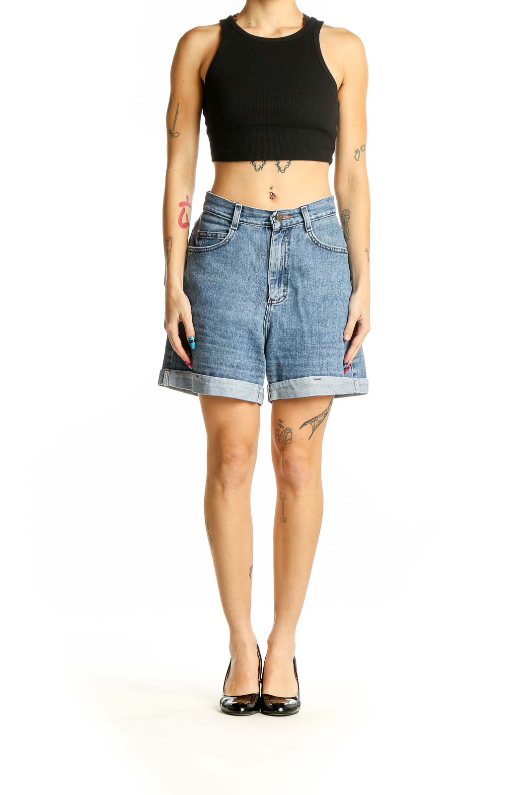 Front view of Riders by Lee light blue high-waisted denim shorts with cuffed hem