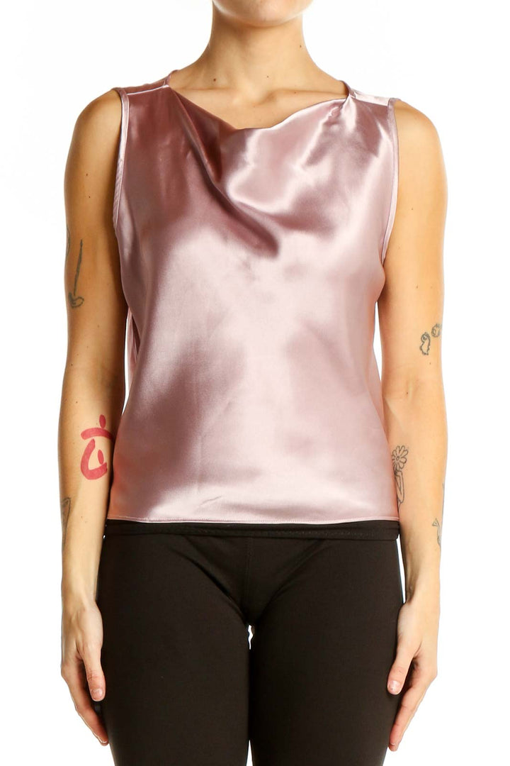 Front view of pink satin sleeveless cowl neck top by ABS by Allen Schwartz