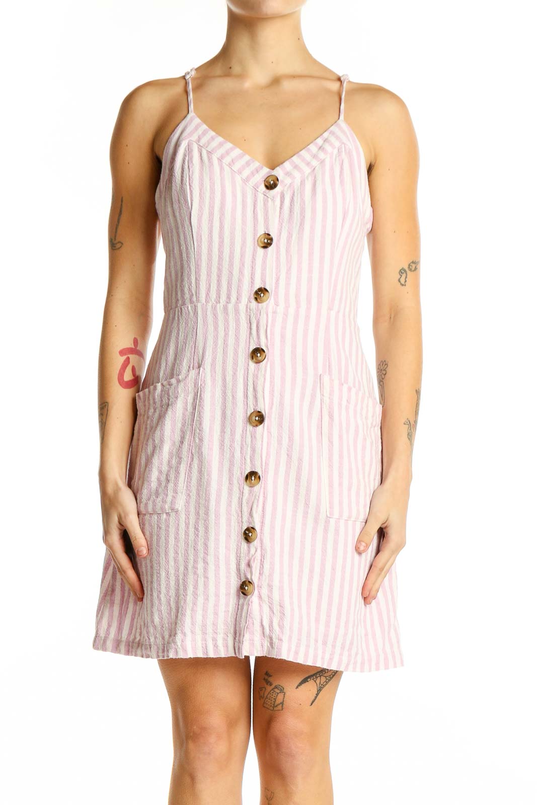 Front view of Lulu's pink striped button-front mini dress with adjustable straps