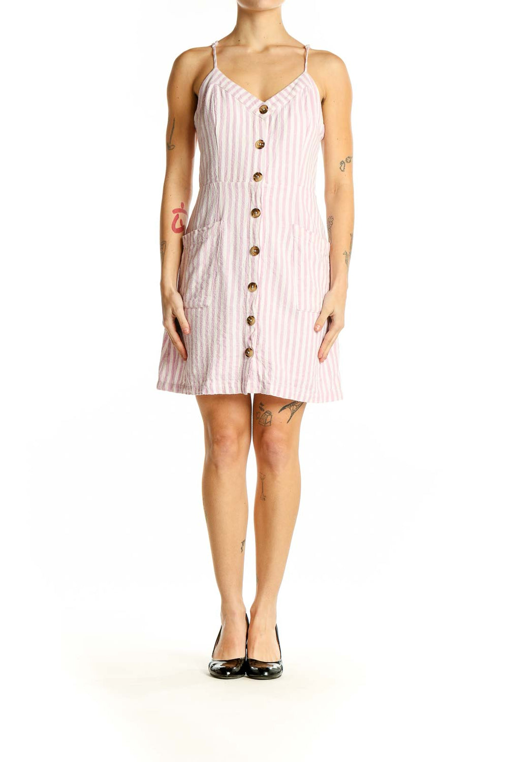 Front view of Lulu's pink striped button-front mini dress with adjustable straps