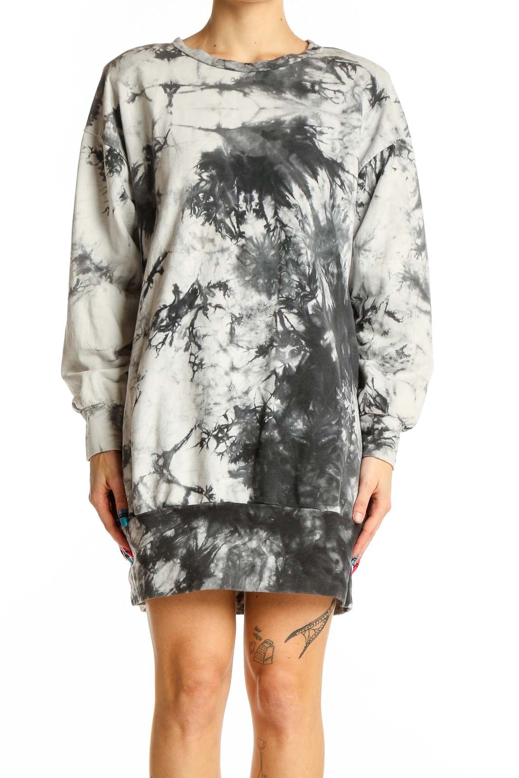 Front view of Aqua gray tie-dye sweatshirt dress with oversized fit