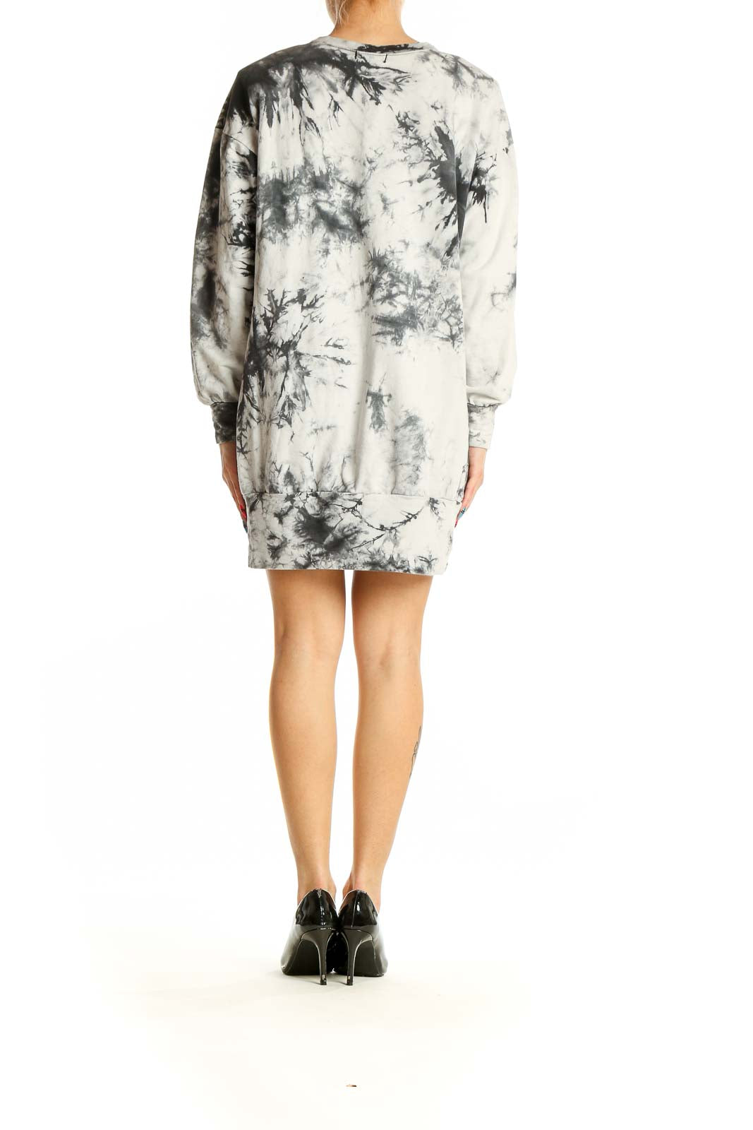 Side view of Aqua gray tie-dye sweatshirt dress showing mini length