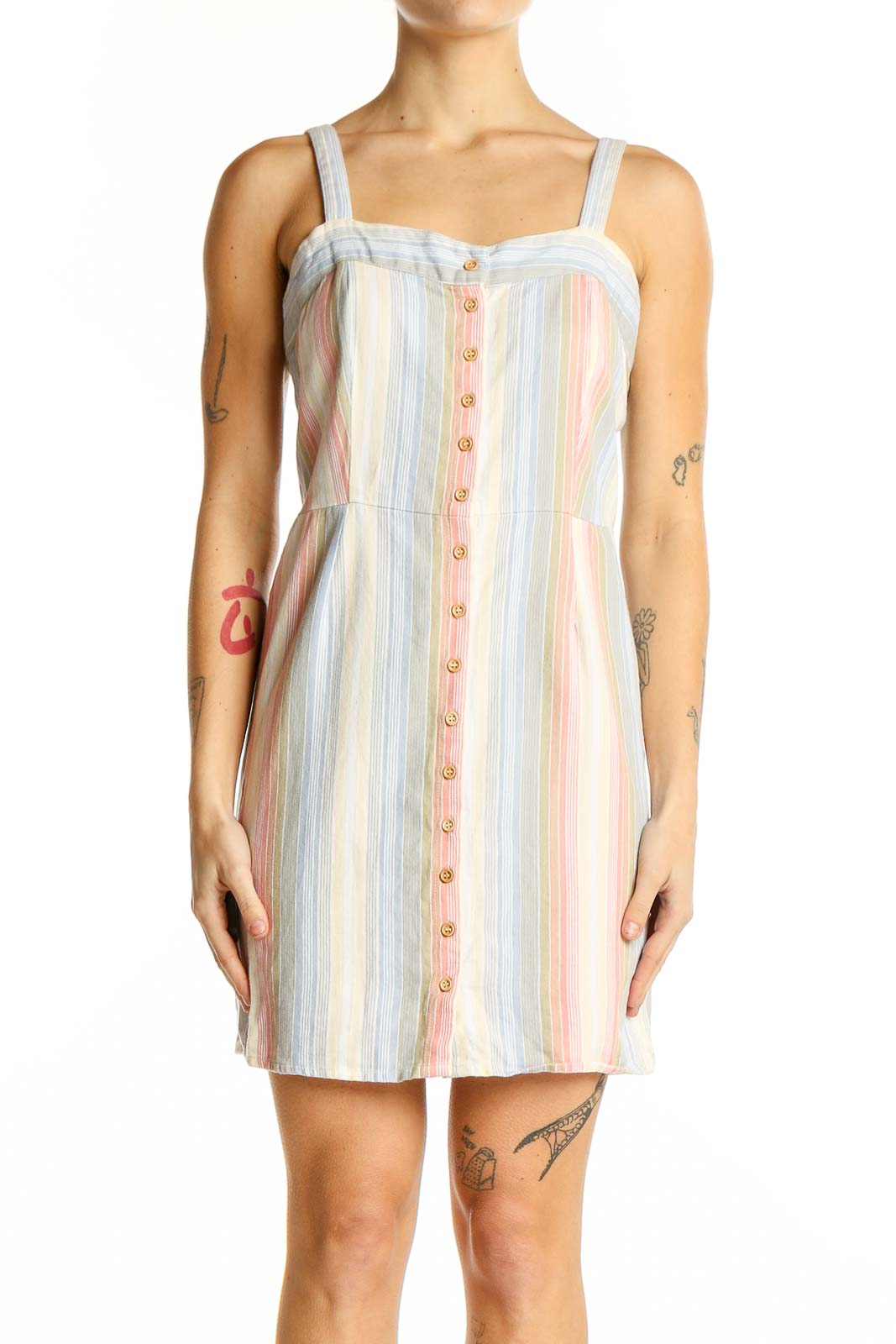 Front view of pastel striped button-front sundress from altar'd state