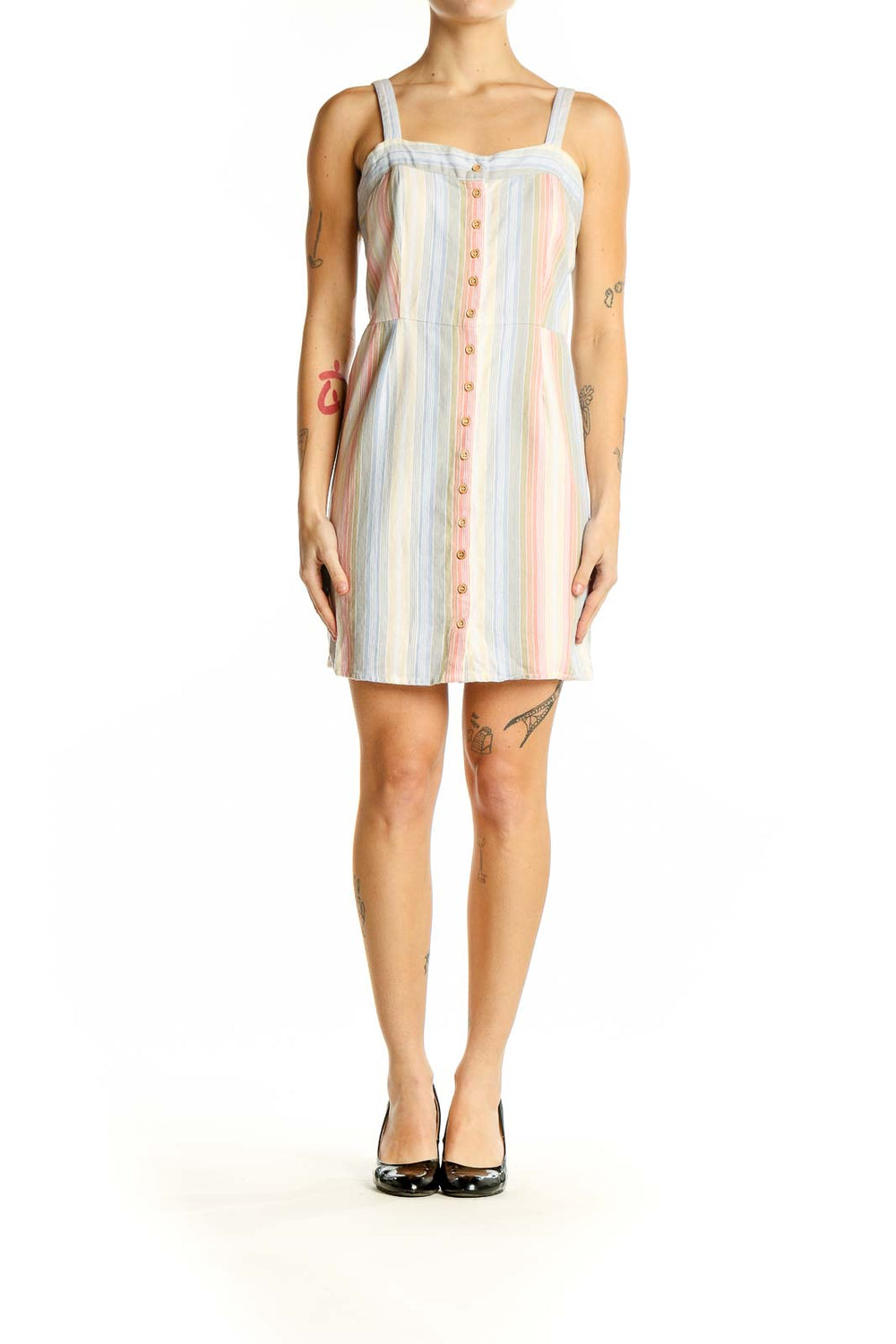 Front view of pastel striped button-front sundress from altar'd state