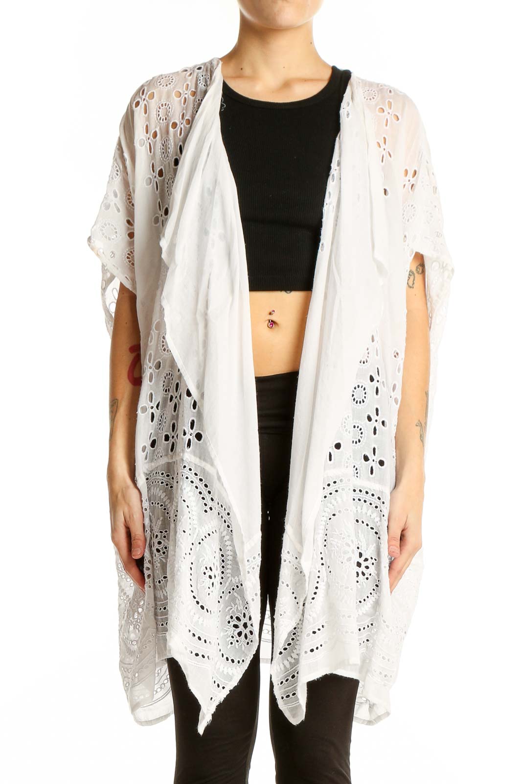 Front view of J.Crew white eyelet lace kimono cardigan with intricate floral patterns