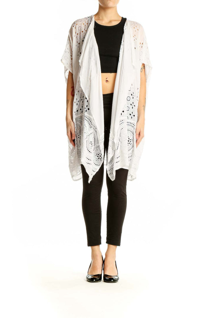 Front view of J.Crew white eyelet lace kimono cardigan with intricate floral patterns