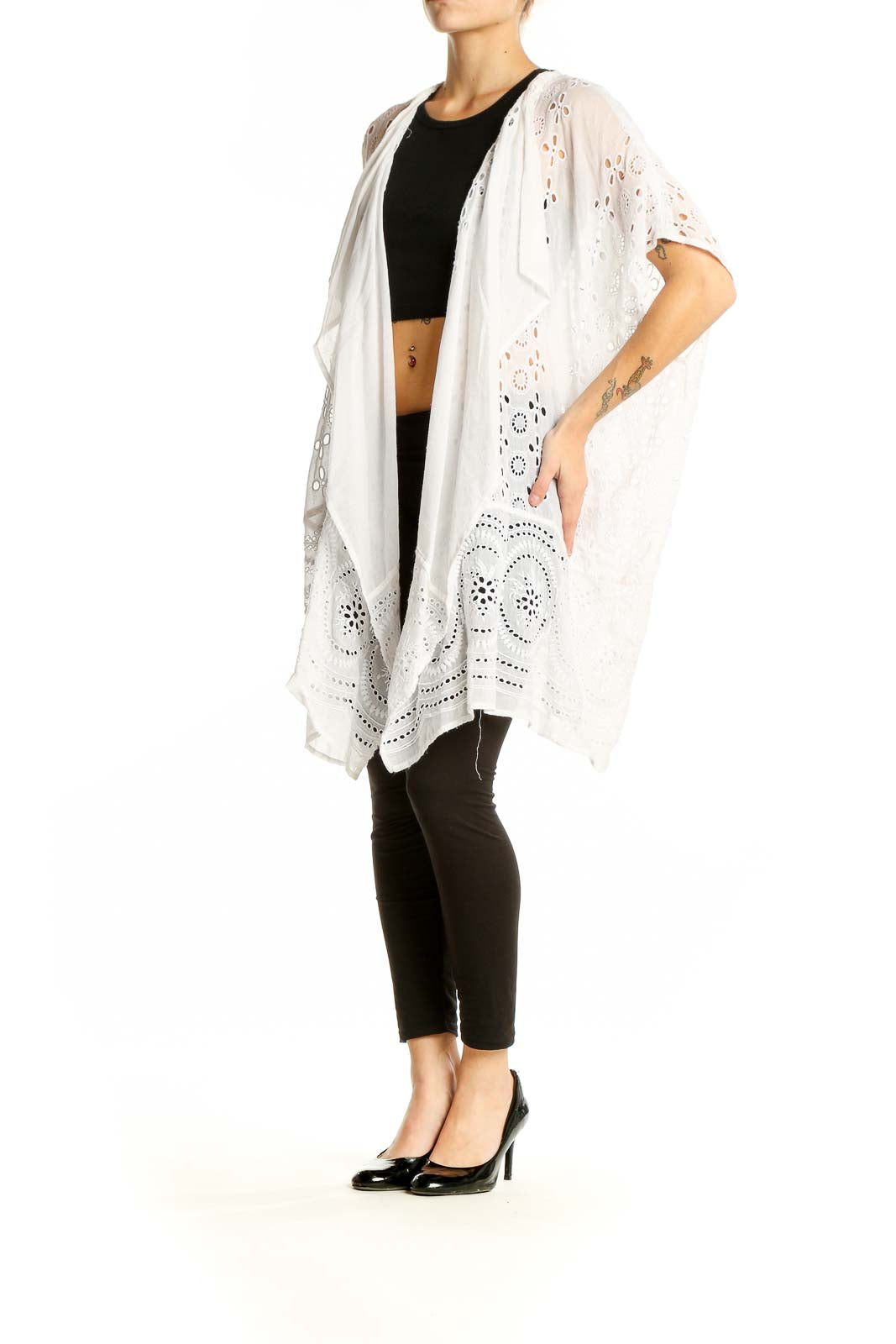 Front view of J.Crew white eyelet lace kimono cardigan with intricate floral patterns