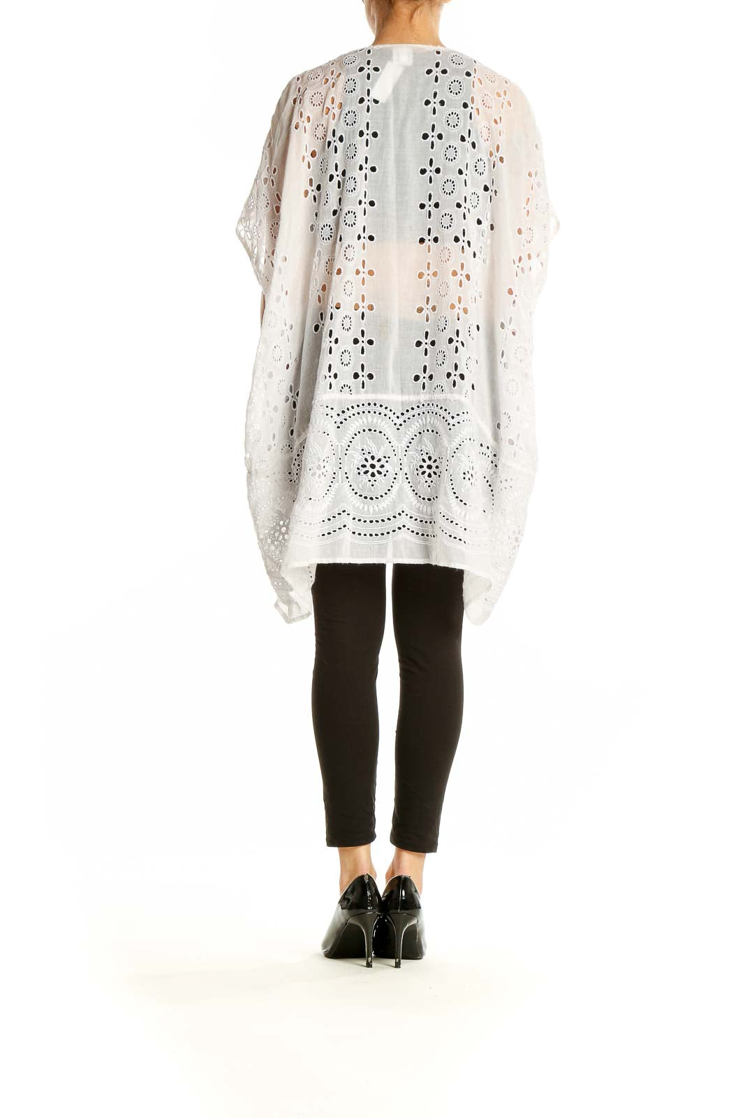 Back view of J.Crew white eyelet lace kimono cardigan showing flowing silhouette