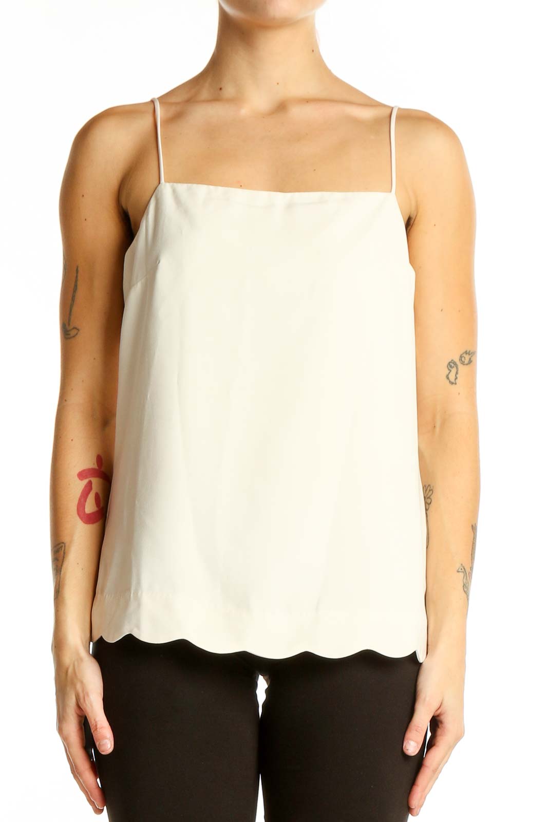 Front view of white J.Crew camisole top with scalloped hem