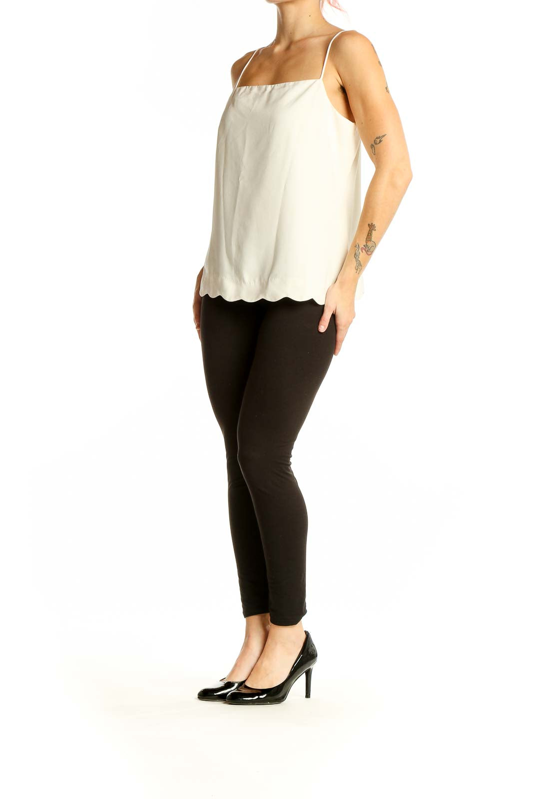 Front view of white J.Crew camisole top with scalloped hem