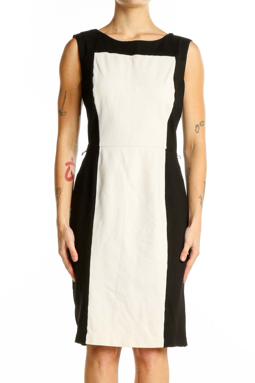 Front view of Black and White Color Block Sheath Dress from White House Black Market