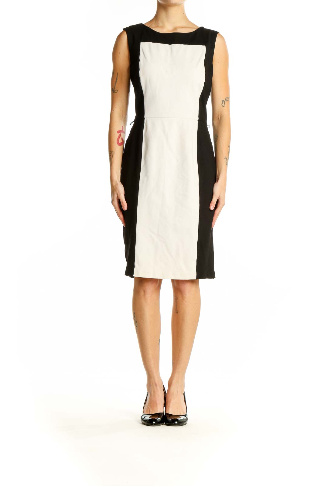 Front view of Black and White Color Block Sheath Dress from White House Black Market