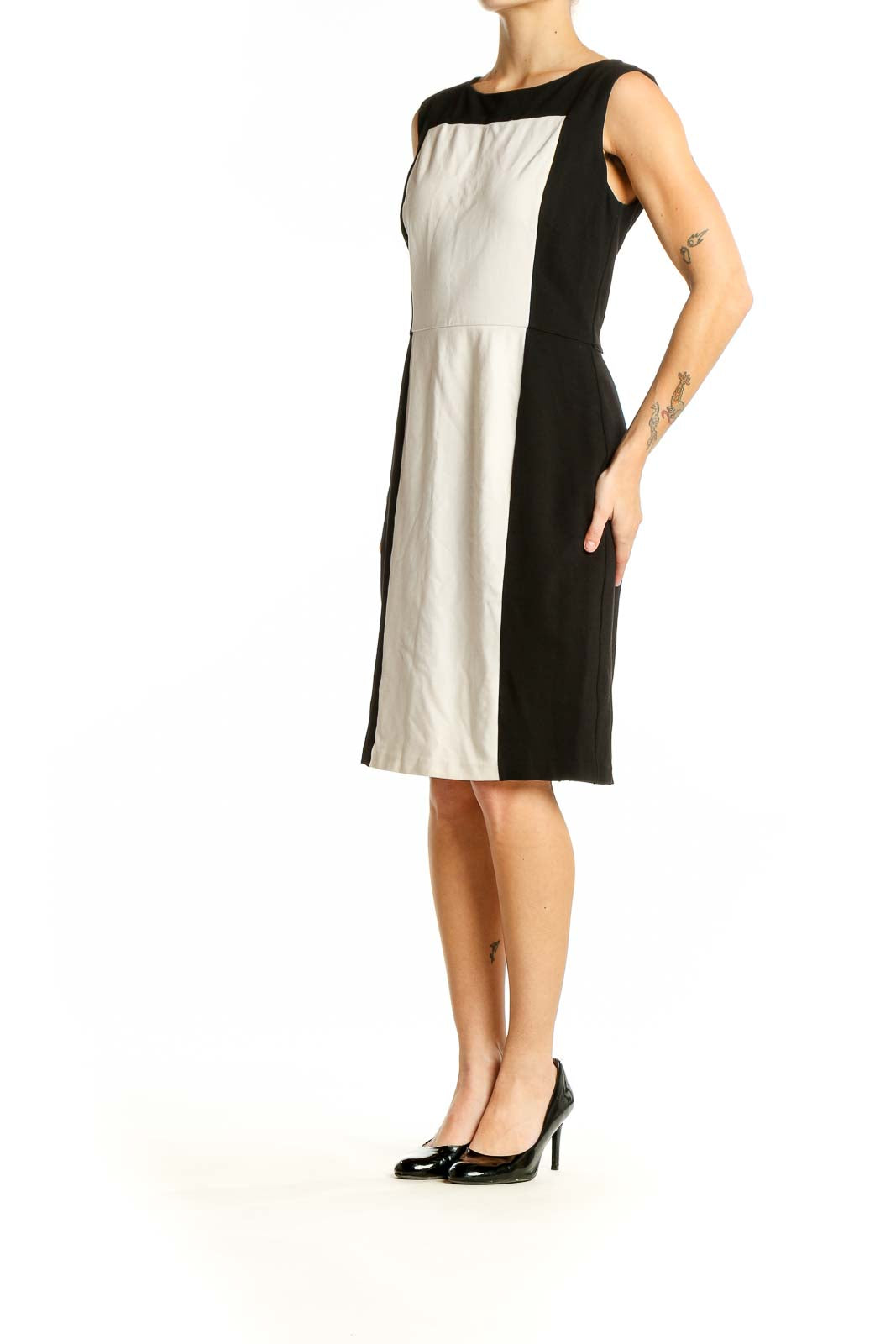 Front view of Black and White Color Block Sheath Dress from White House Black Market