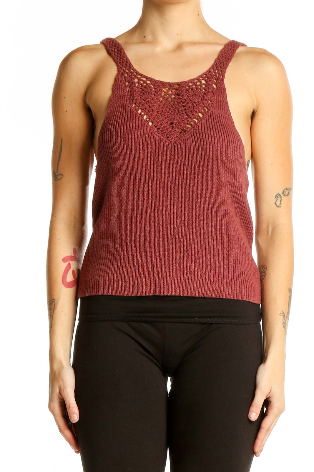 Front view of burgundy L.A. Hearts knit tank top with crochet neckline