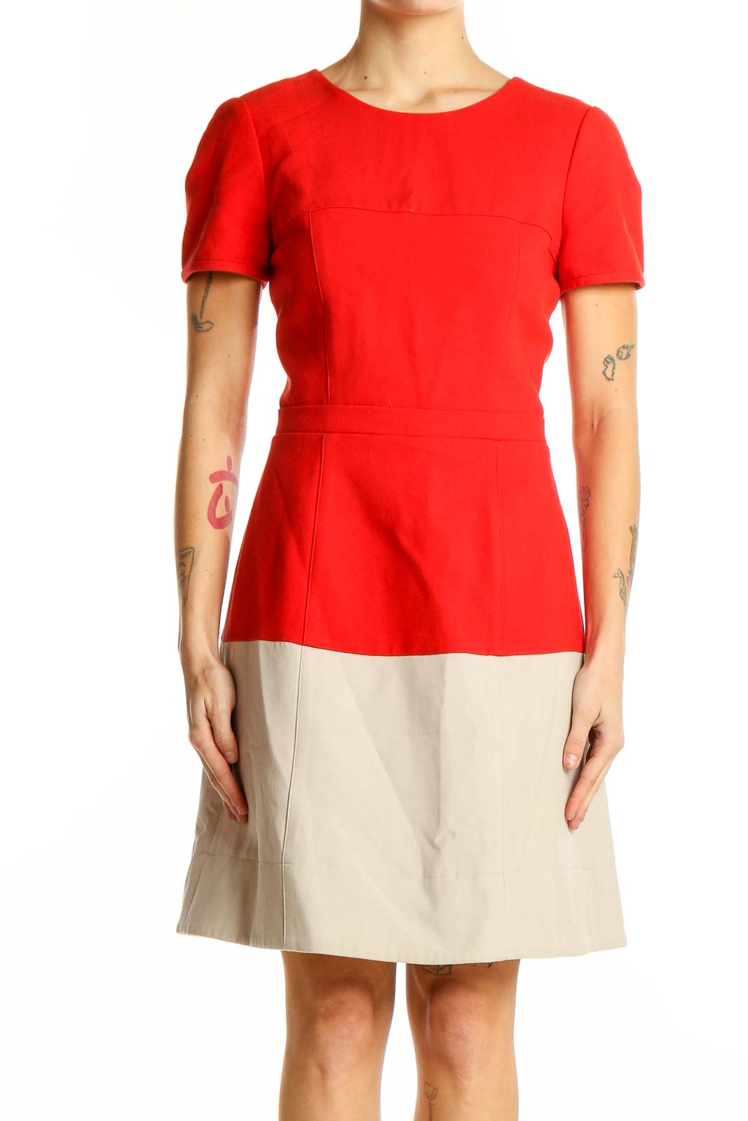 Front view of BCBG MaxAzria red and beige color block dress