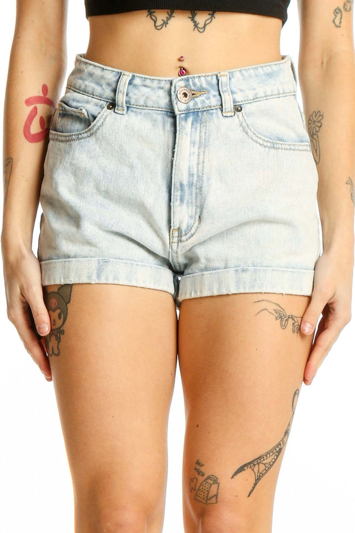 Front view of Bullhead light blue high-waisted denim shorts with cuffed hem