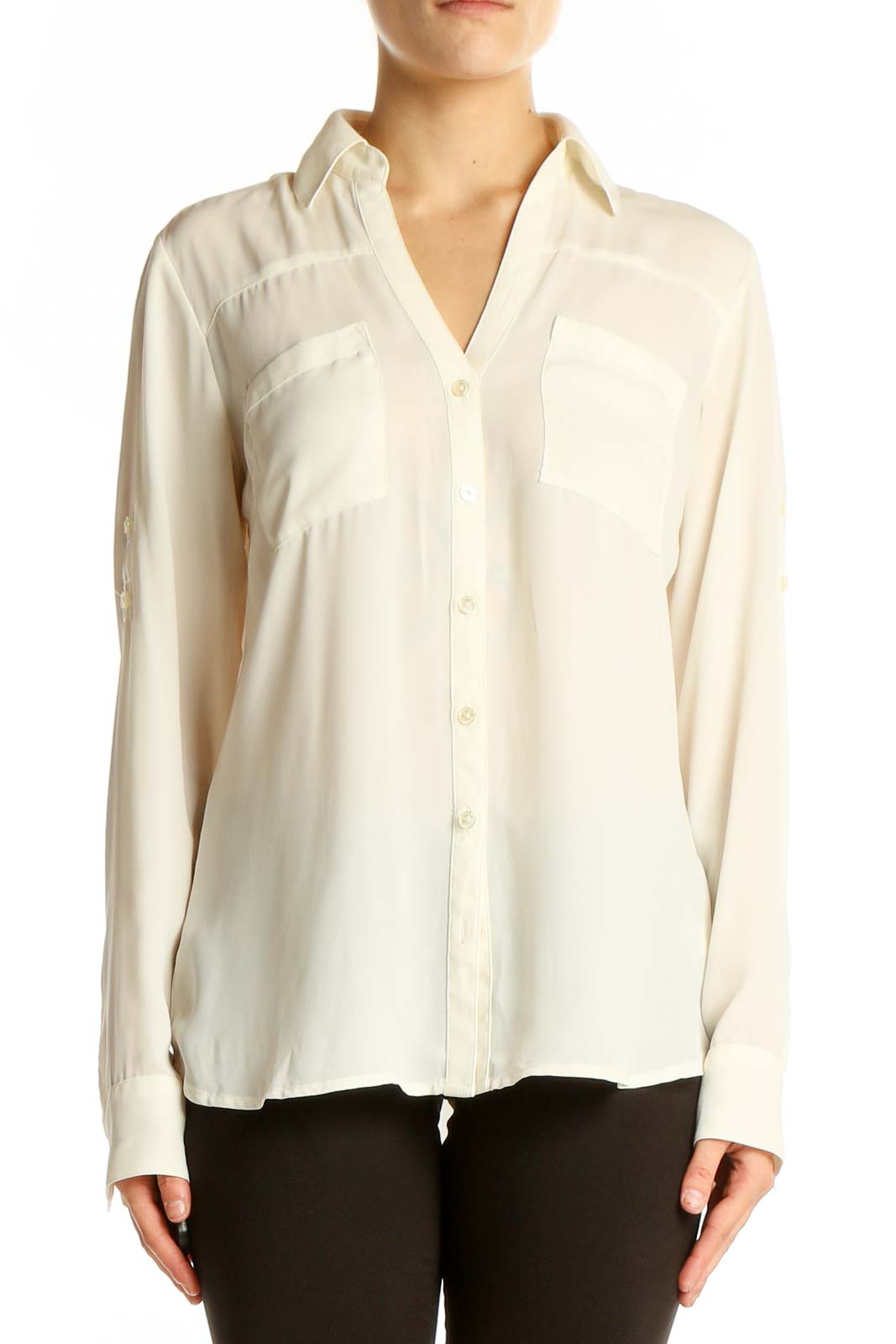 Front view of white polyester button-down blouse by Express Design Studio