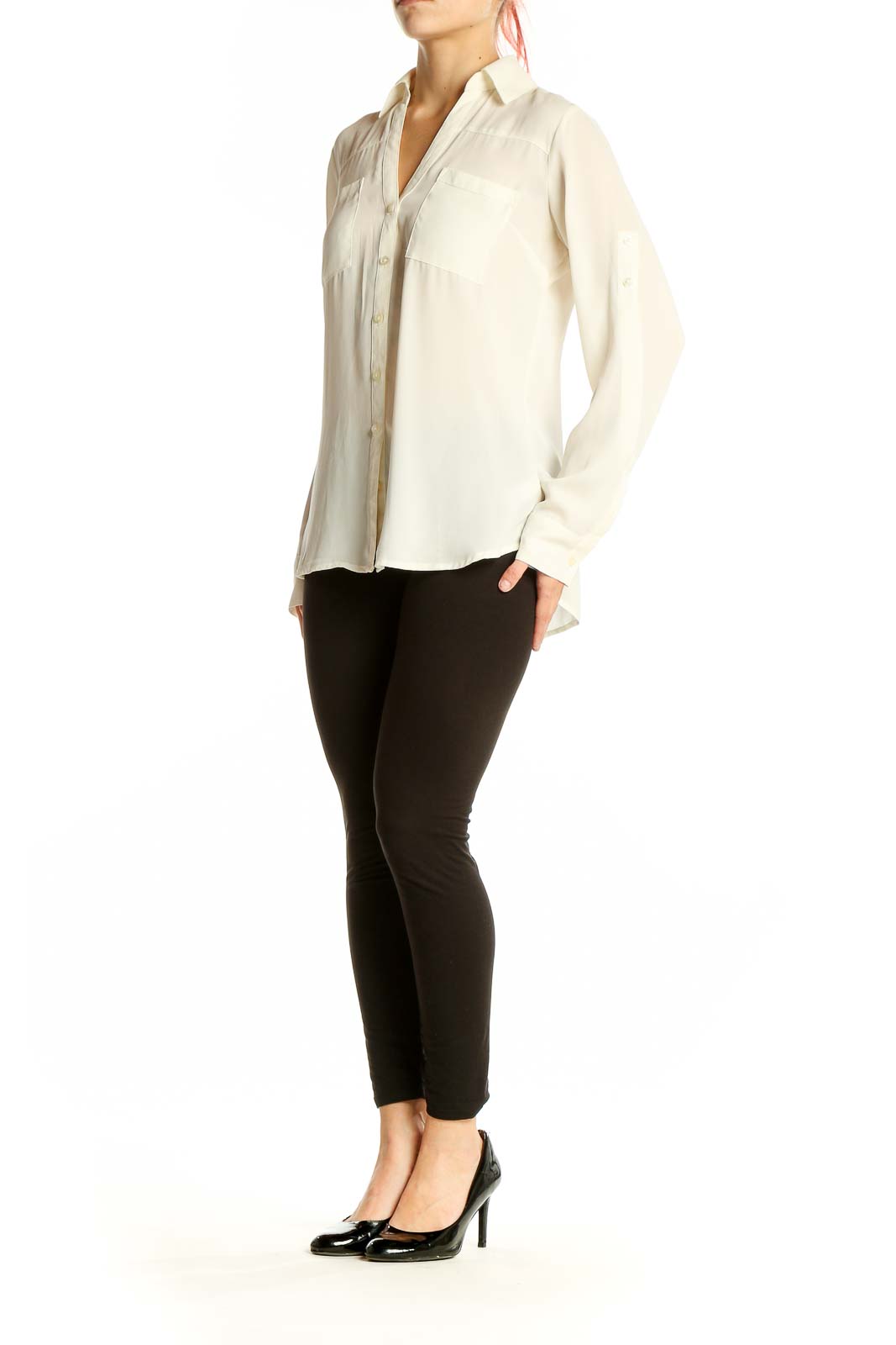 Front view of white polyester button-down blouse by Express Design Studio