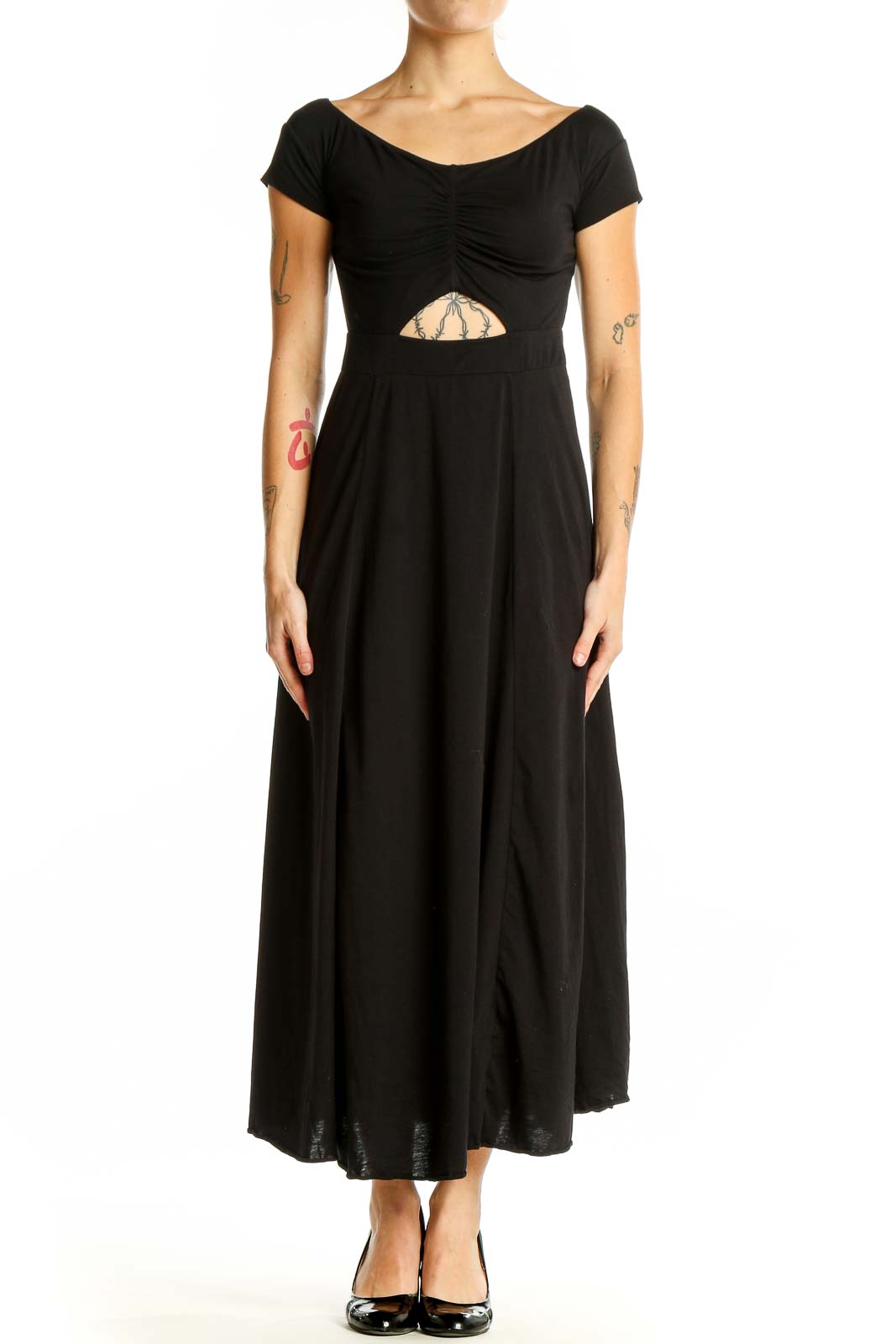 Front view of Free People black maxi dress with midriff cutout