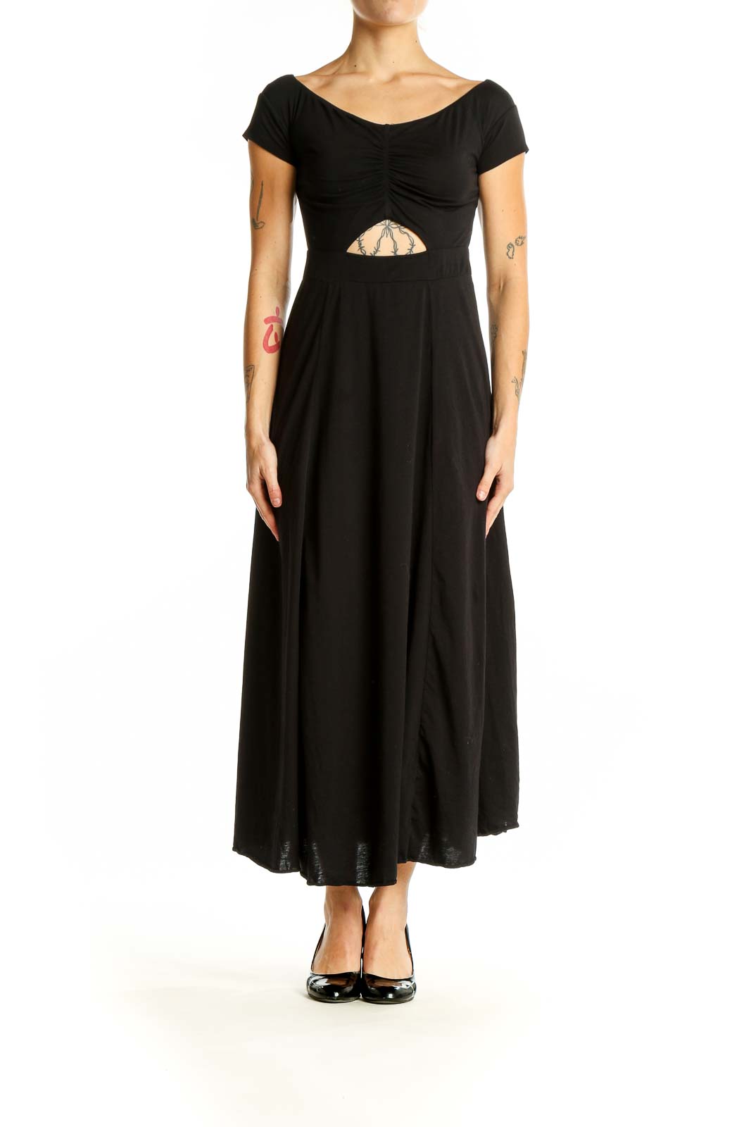 Front view of Free People black maxi dress with midriff cutout