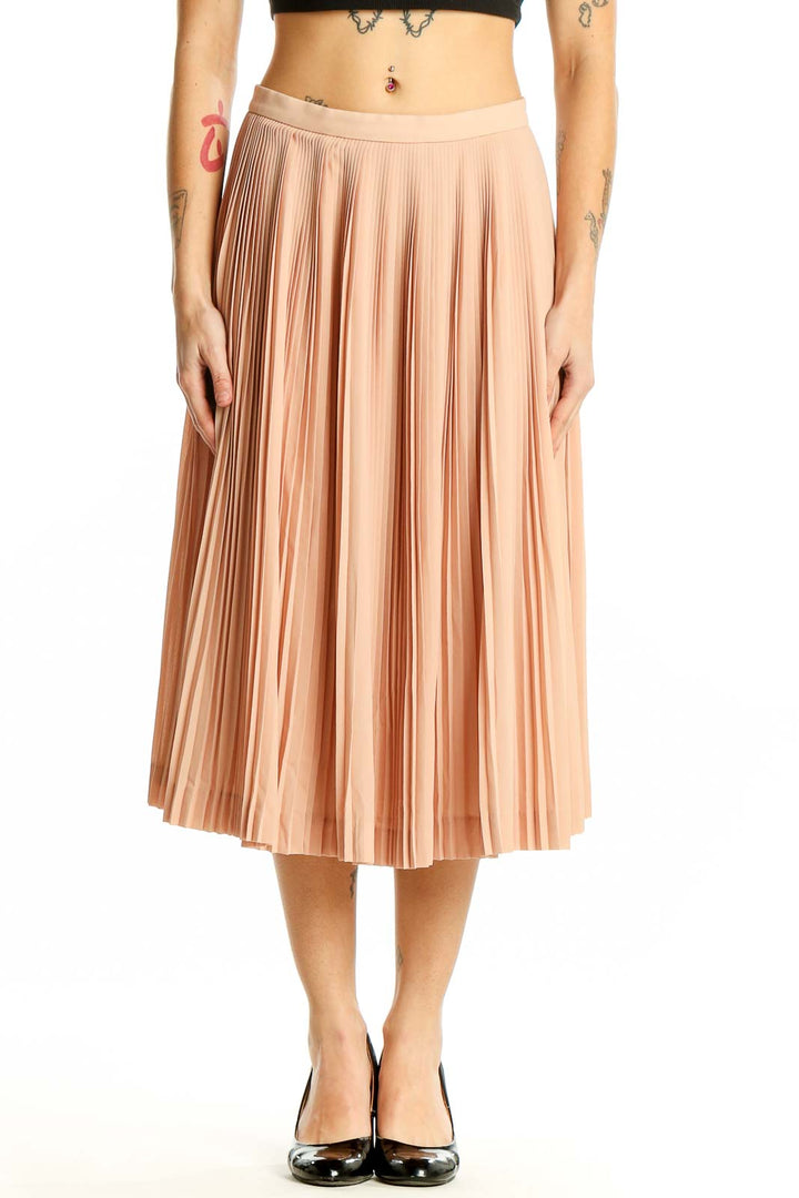 Front view of J.Crew peach pleated midi skirt