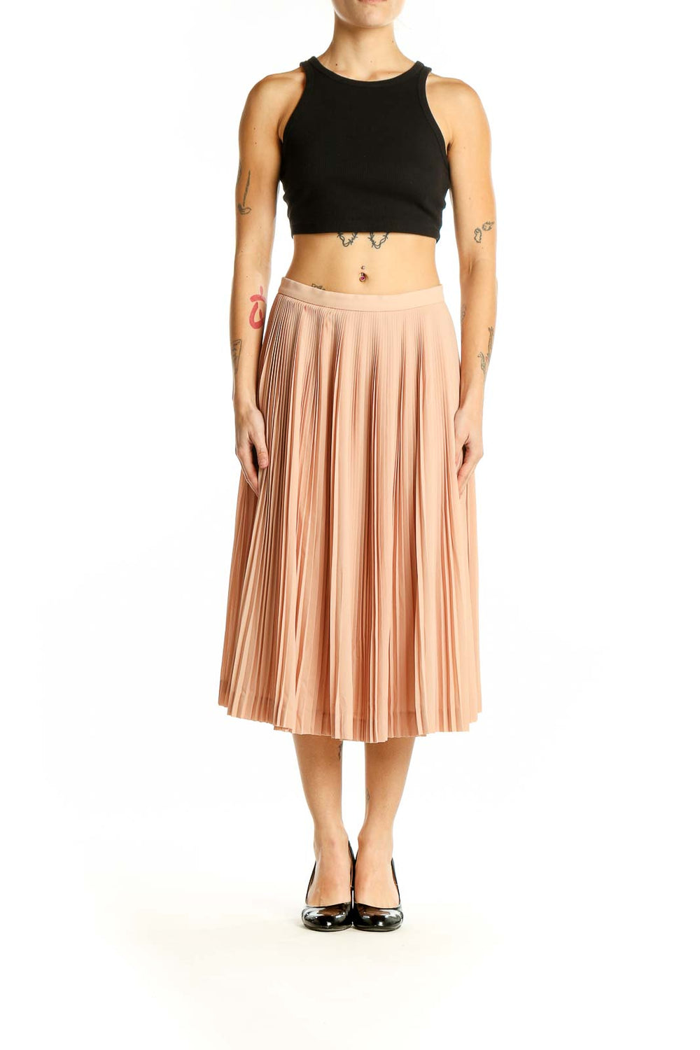 Front view of J.Crew peach pleated midi skirt