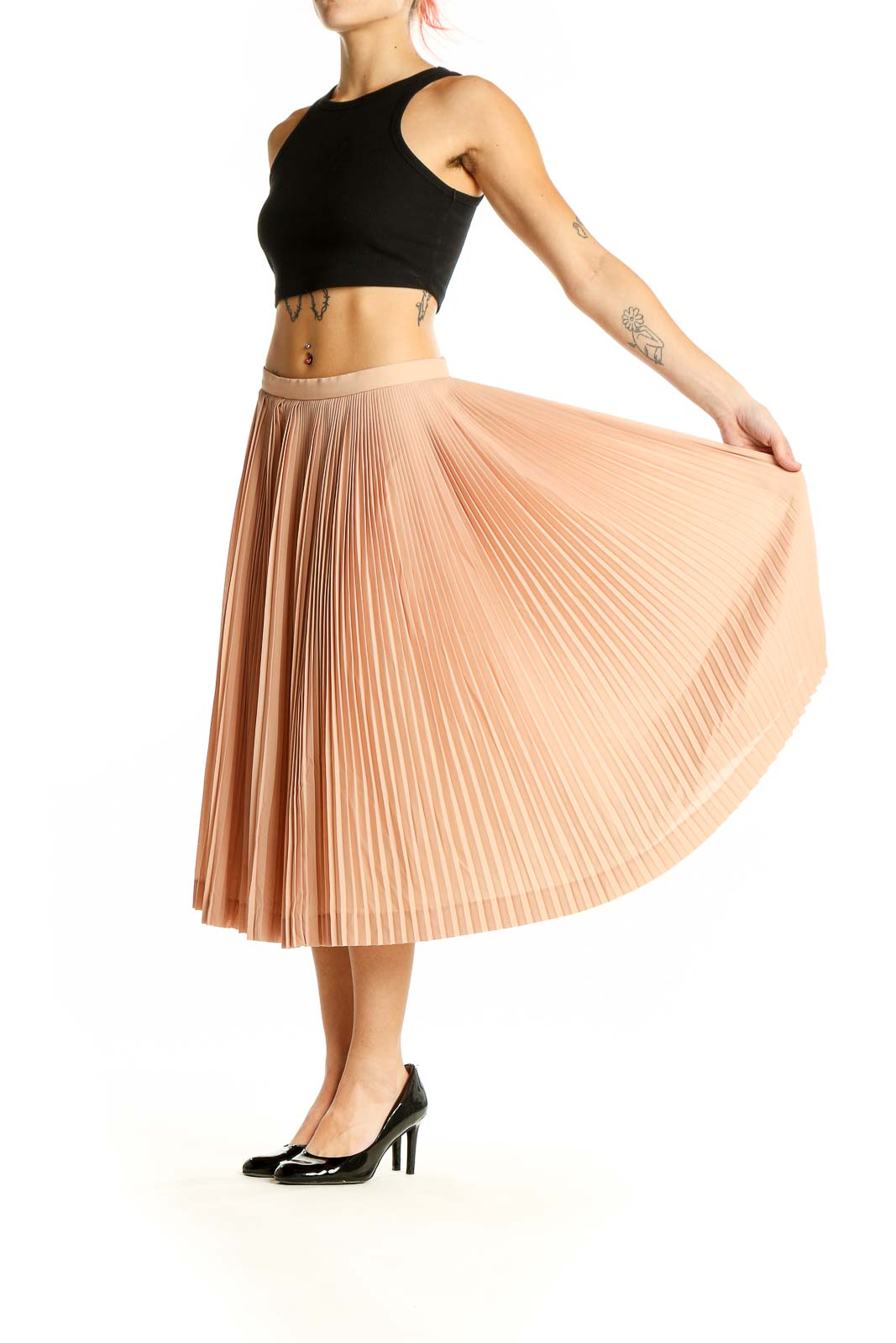 Front view of J.Crew peach pleated midi skirt