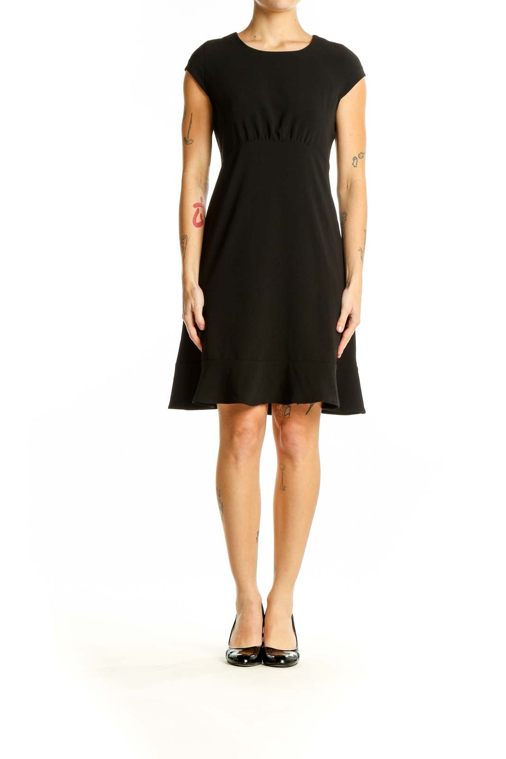 Front view of black Banana Republic cap sleeve dress with empire waist