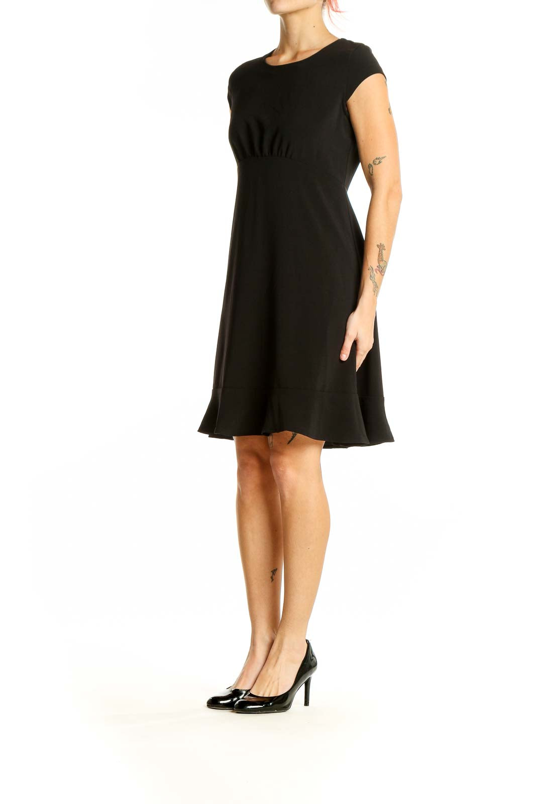 Front view of black Banana Republic cap sleeve dress with empire waist