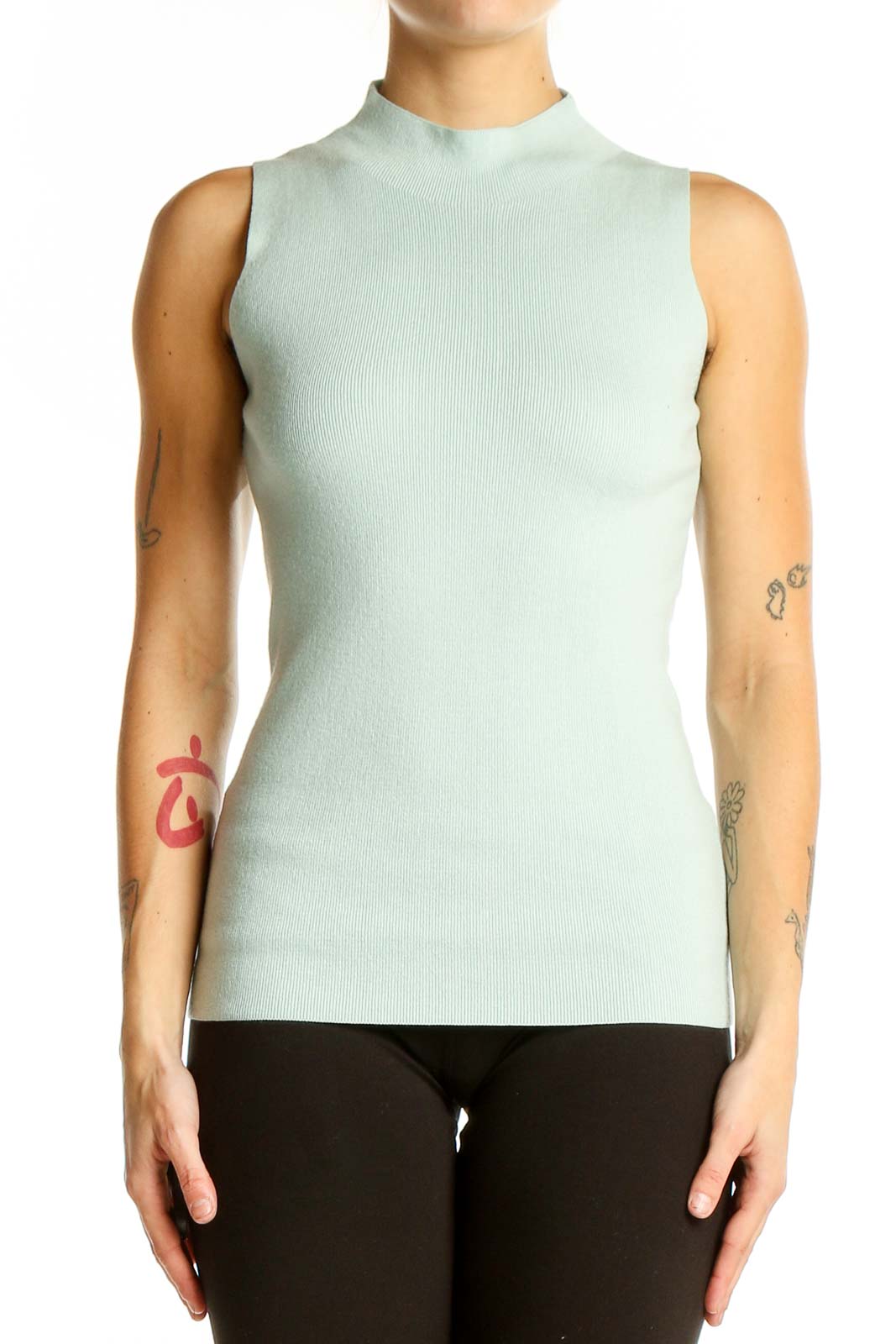 Front view of mint green sleeveless mock neck top by Ann Taylor Petites