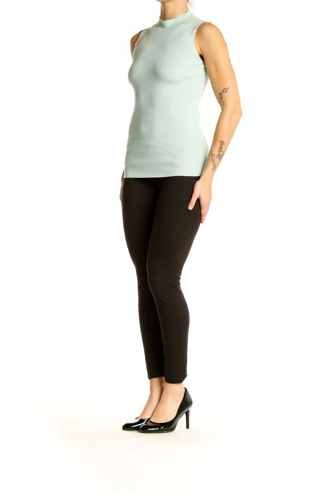 Front view of mint green sleeveless mock neck top by Ann Taylor Petites