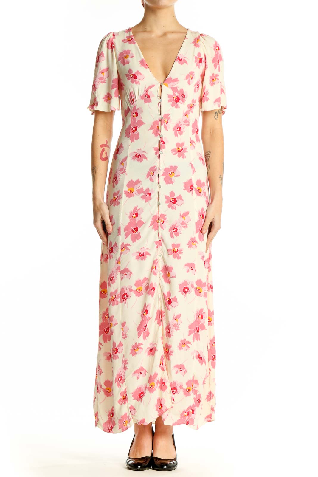 Front view of Zara pink floral maxi dress with V-neck and flutter sleeves