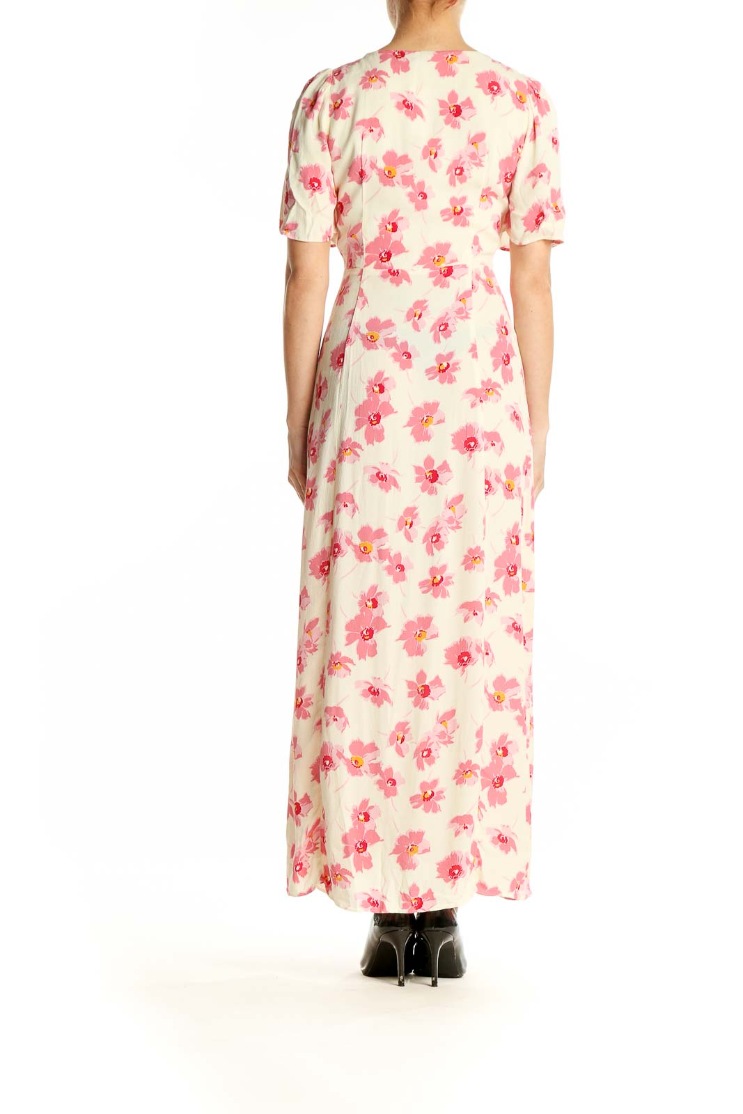 Side view of Zara pink floral maxi dress showing button-down front and flowing skirt