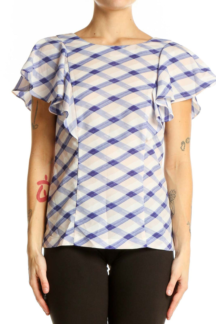 Front view of Banana Republic blue and white checkered top with ruffle sleeves