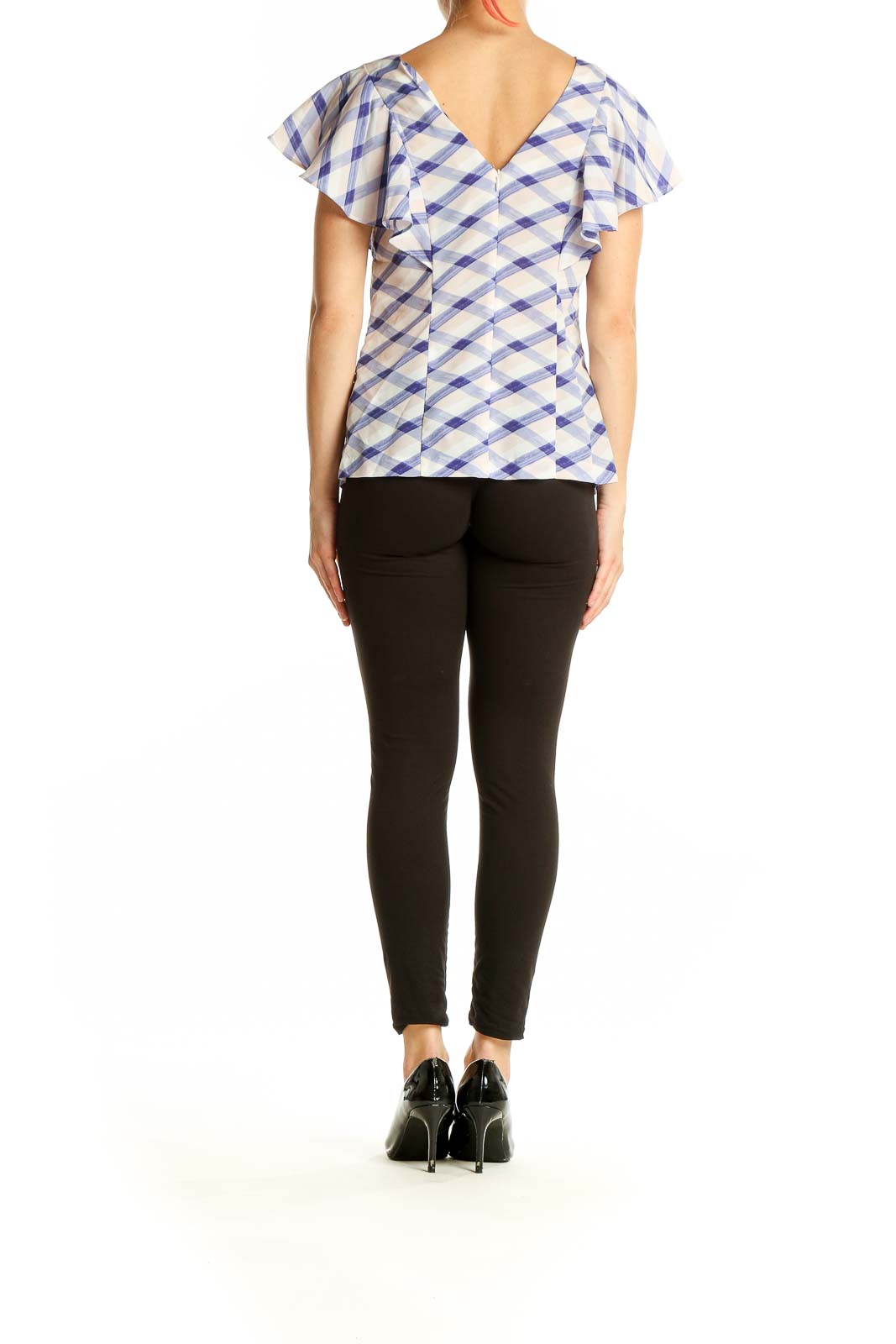 Side view of Banana Republic blue and white checkered top showing ruffle sleeve detail