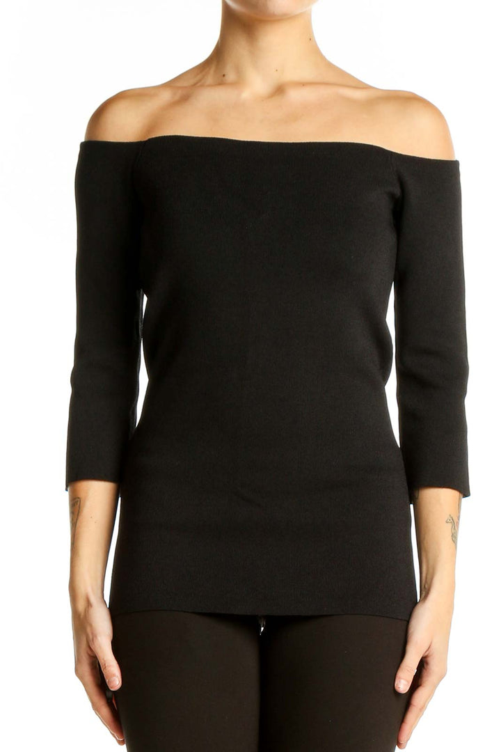 Front view of RACHEL Rachel Roy black off-shoulder fitted top