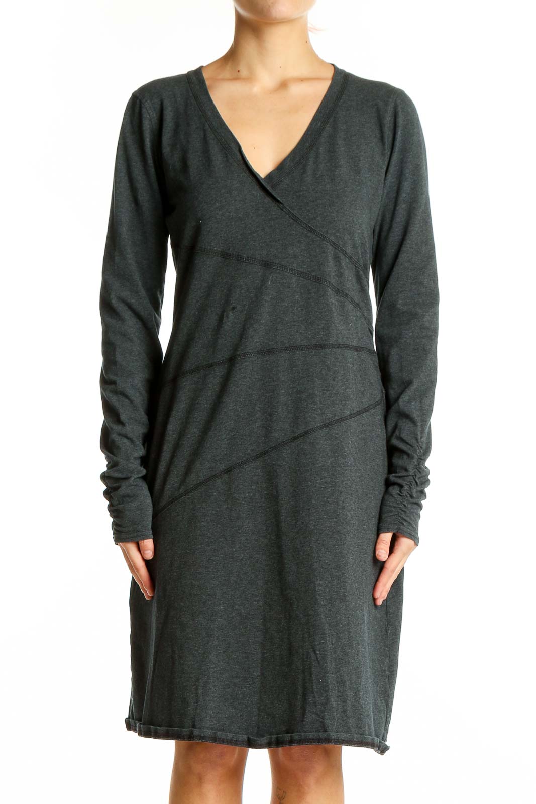 Front view of Athleta charcoal wrap-style dress with V-neck and long sleeves