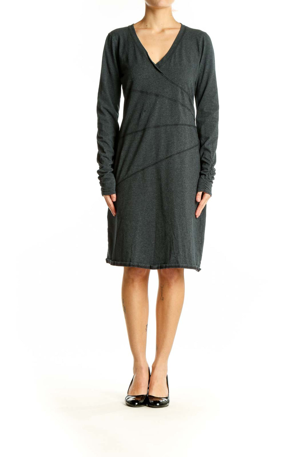 Front view of Athleta charcoal wrap-style dress with V-neck and long sleeves