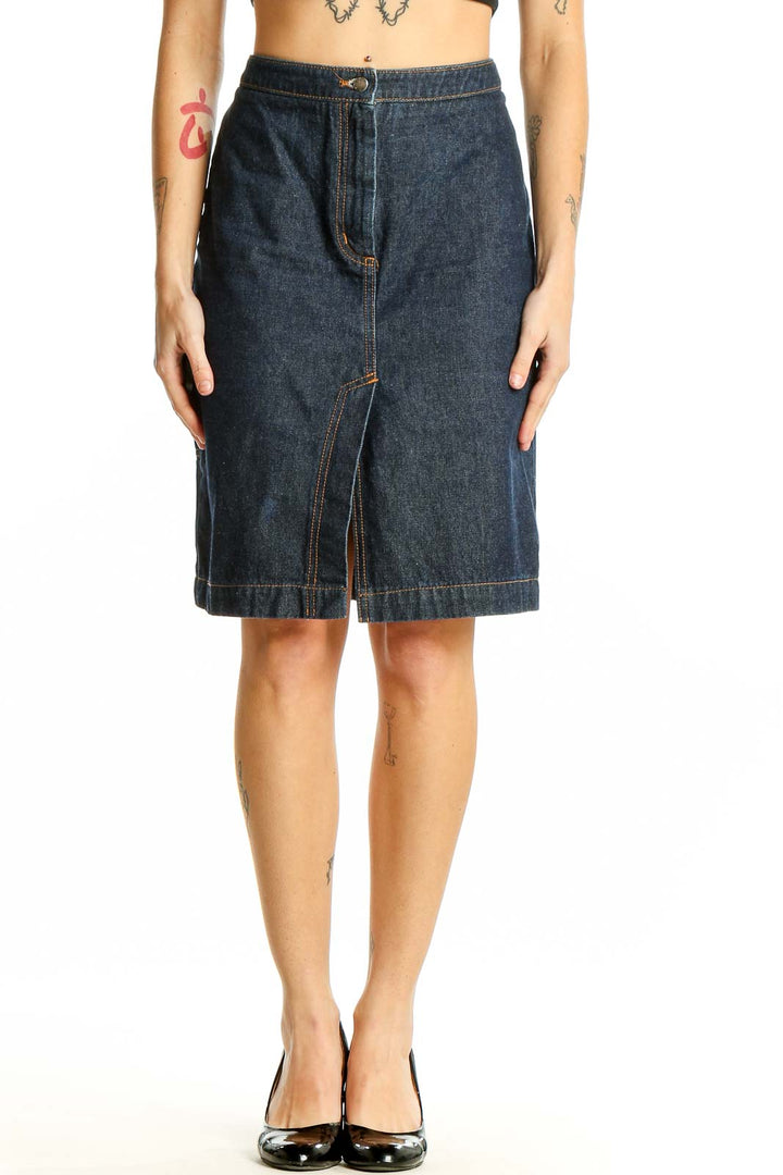 Front view of BCBG MaxAzria dark blue denim pencil skirt with front slit