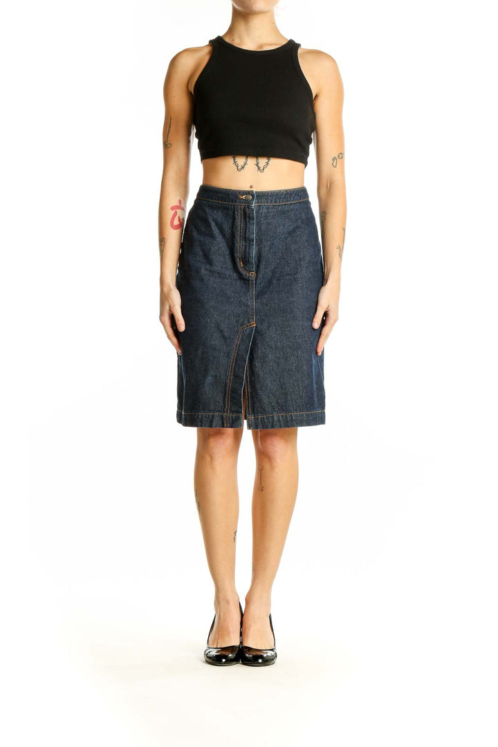 Front view of BCBG MaxAzria dark blue denim pencil skirt with front slit