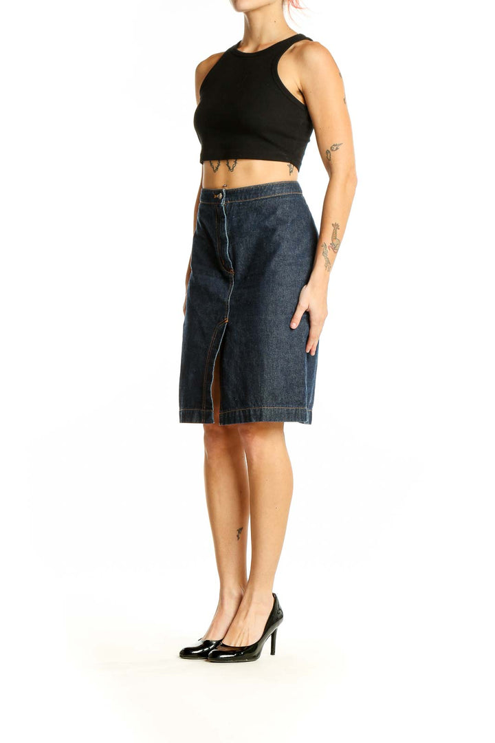 Front view of BCBG MaxAzria dark blue denim pencil skirt with front slit