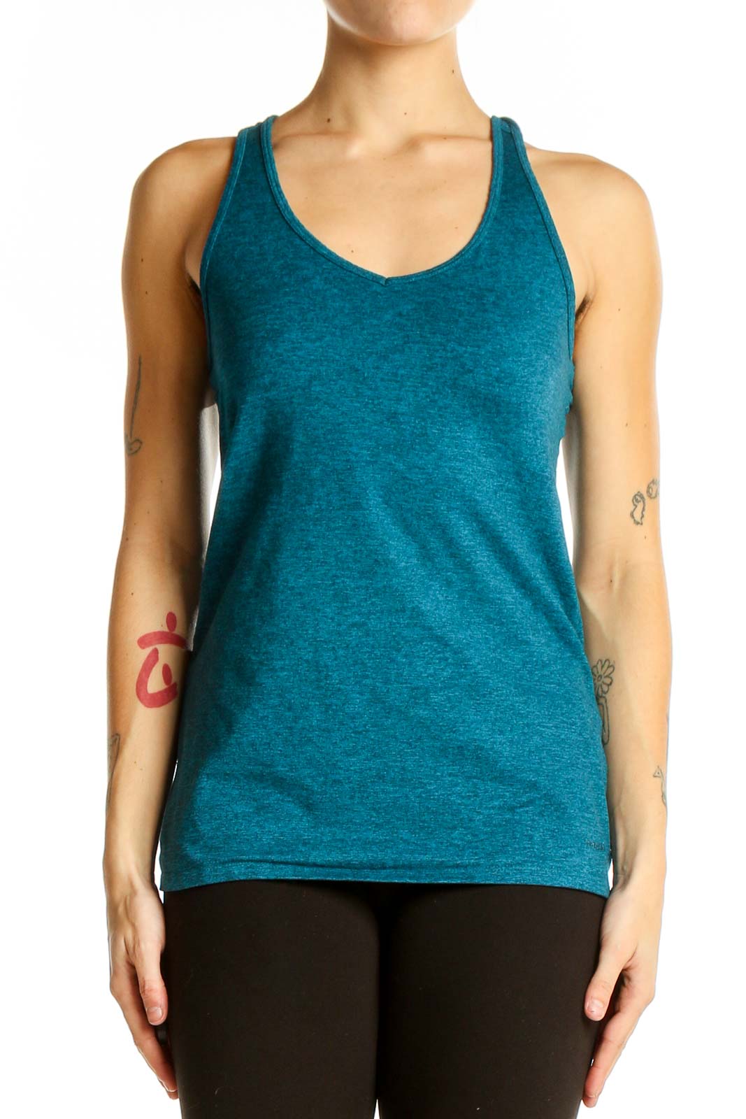 Front view of teal Patagonia racerback athletic tank top