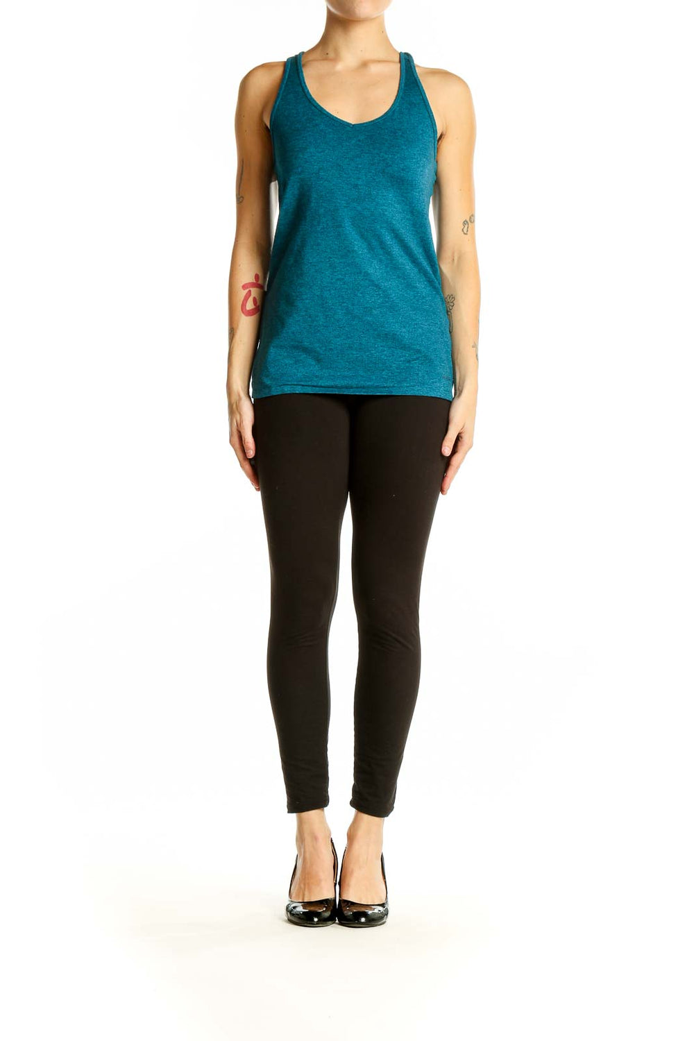 Front view of teal Patagonia racerback athletic tank top